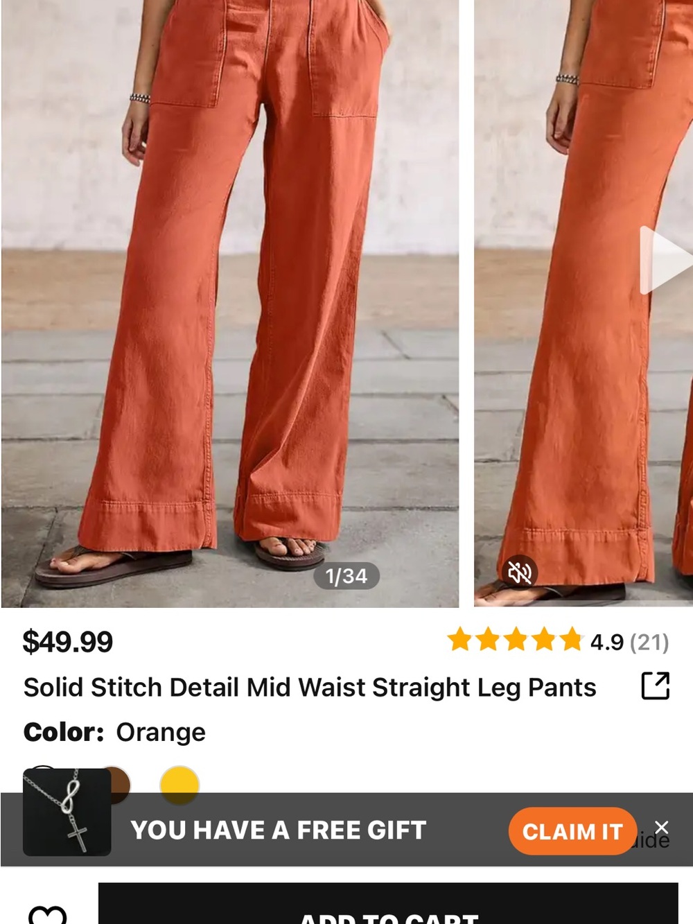 Solid Stitch Mid Waist Wide-Leg Jeans - Orange